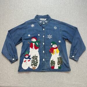 Dressbarn Christmas Snowman Button Down Denim Shirt WMNS L Blue Embroidered